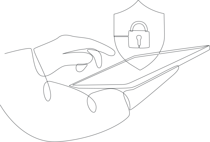 Line drawing of hands holding a tablet with a shield and lock symbol for cybersecurity